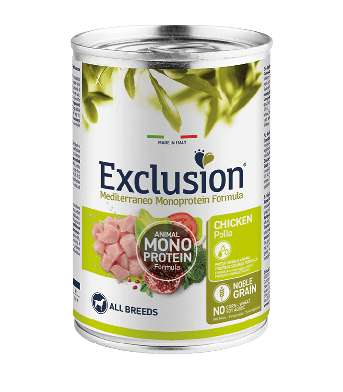 exclusion mediterraneo cane puppy pollo umido 400 gr